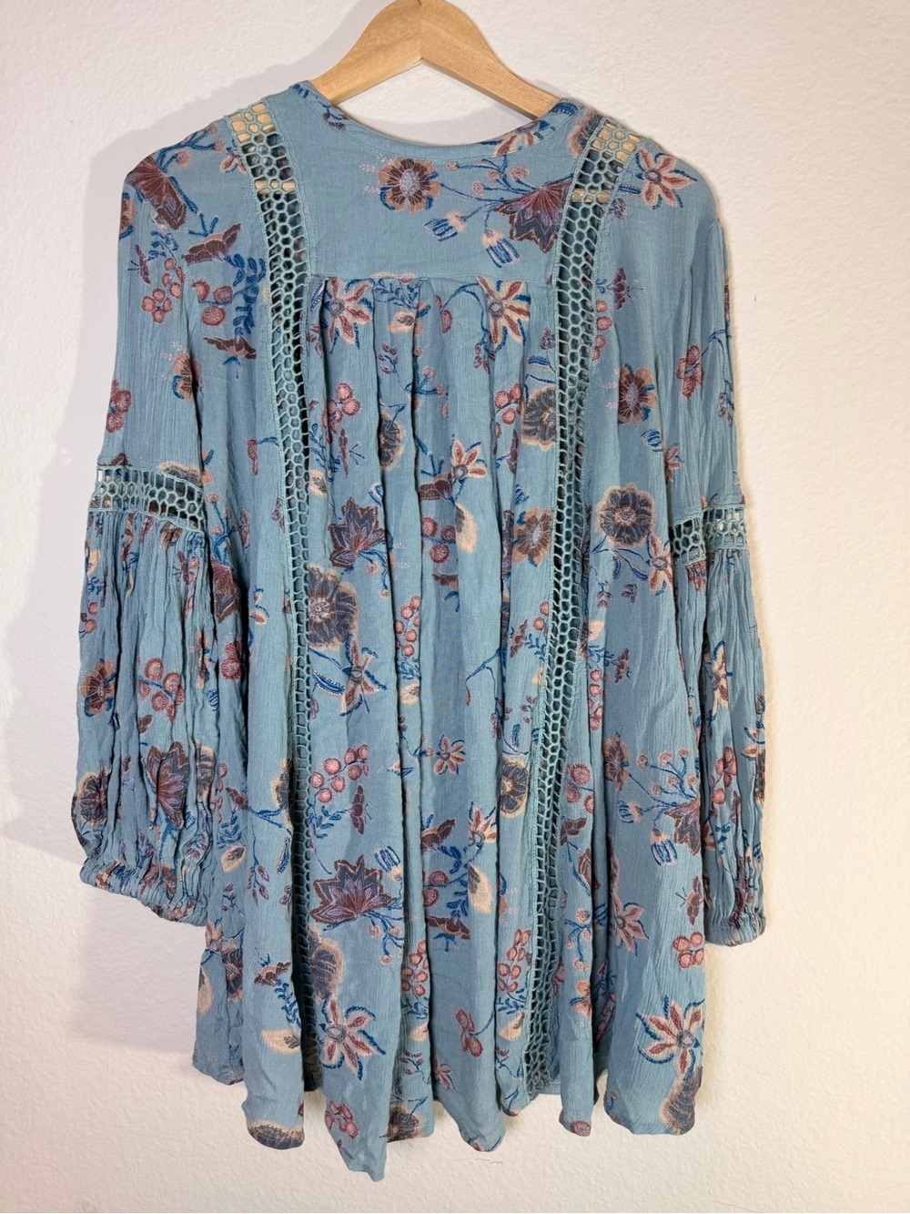 Free People Floral Crochet Lace Mini Dress Tunic Blue Boho S - Picture 7 of 10